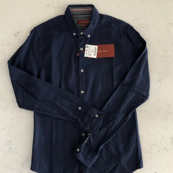 Zara Man Relaxed Fit Casual Lg Slv Button Down Cotton Oxford Shirt Navy Sz S NWT - Picture 13 of 13